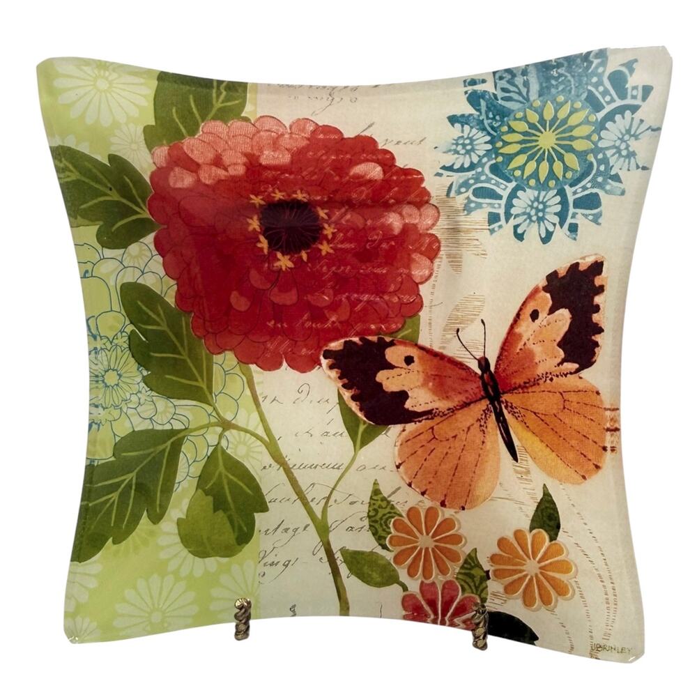 Prima Design Glass Trinket Dish 5" Square Poppy Butterfly Jewelry Bowl New York